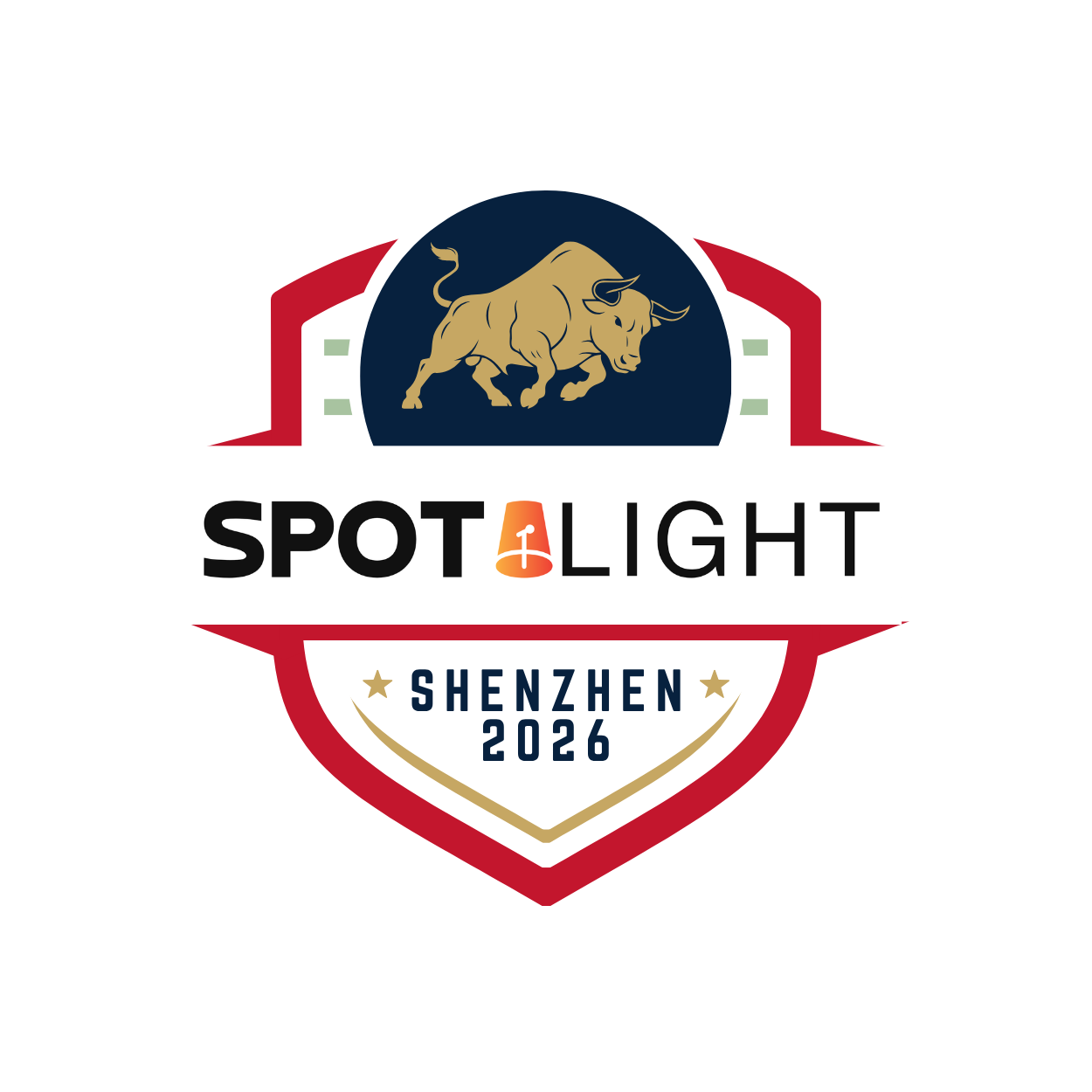 Spotlight 深圳 2026 勋章：红白盾形边框、深蓝底色与金色开荒牛